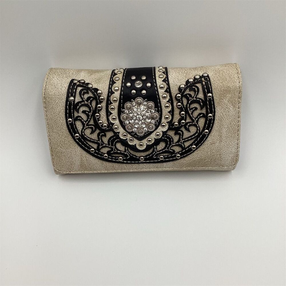 Unbrandred Women's Beige Trifold Wallet Rhinestone Buckle‎ Floral Design